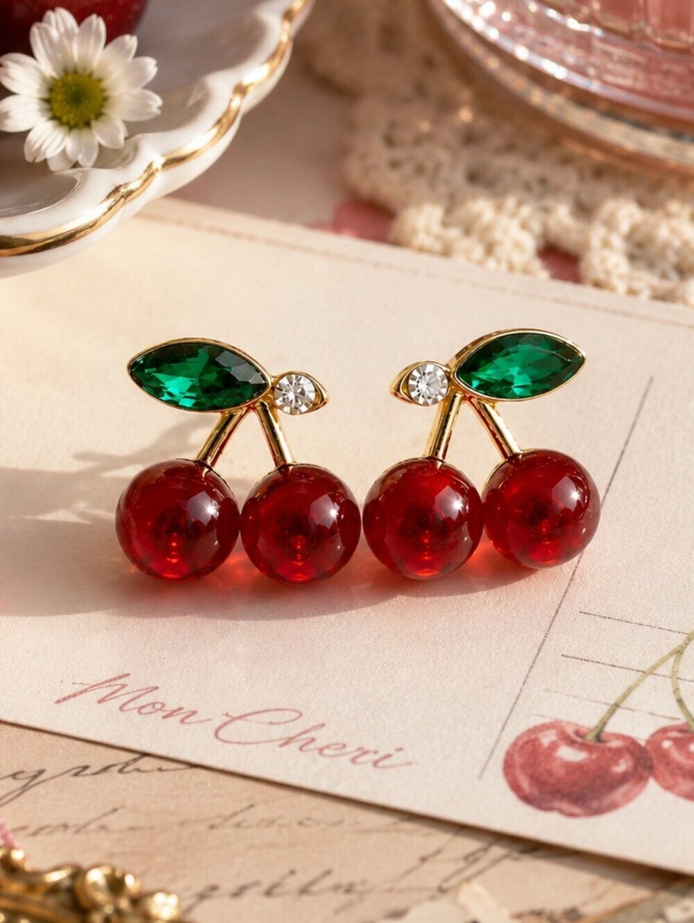 Red Cherry Acrylic Stud Earrings Gold Tone 925 Silver Post Coquette Coconut Girl